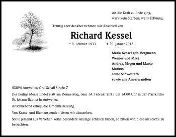 Anzeige von Richard Kessel von Kölner Stadt-Anzeiger / Kölnische Rundschau / Express