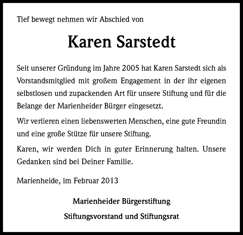  Traueranzeige für Karen Sarstedt vom 05.02.2013 aus Kölner Stadt-Anzeiger / Kölnische Rundschau / Express