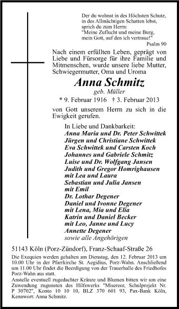Anzeige von Anna Schmitz von Kölner Stadt-Anzeiger / Kölnische Rundschau / Express