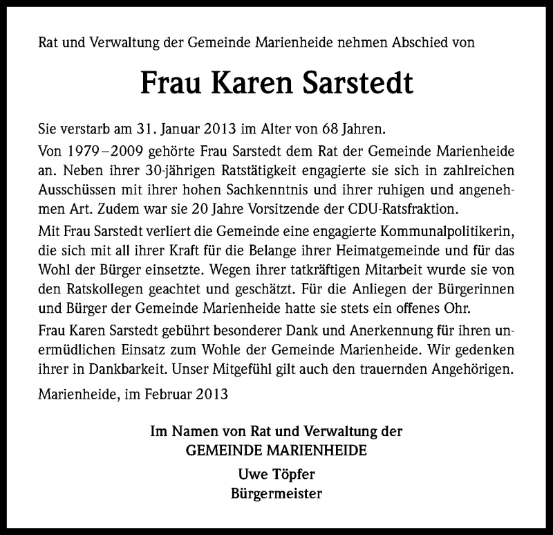  Traueranzeige für Karen Sarstedt vom 05.02.2013 aus Kölner Stadt-Anzeiger / Kölnische Rundschau / Express