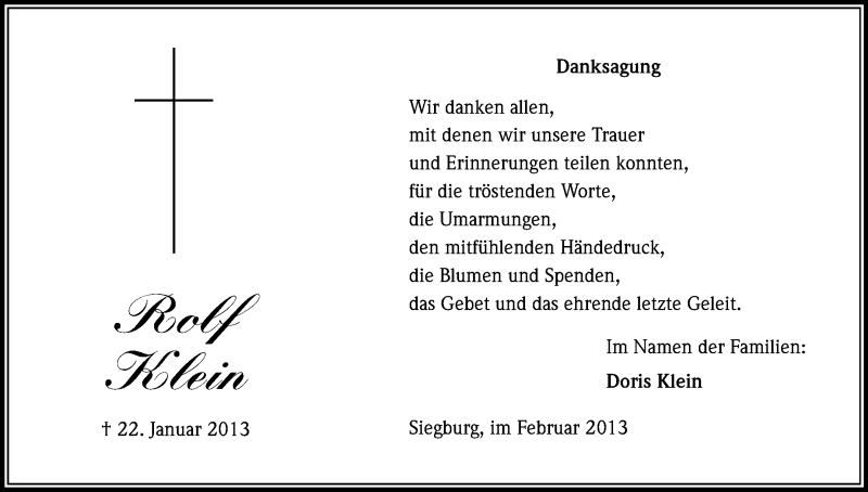  Traueranzeige für Rolf Klein vom 16.02.2013 aus Kölner Stadt-Anzeiger / Kölnische Rundschau / Express