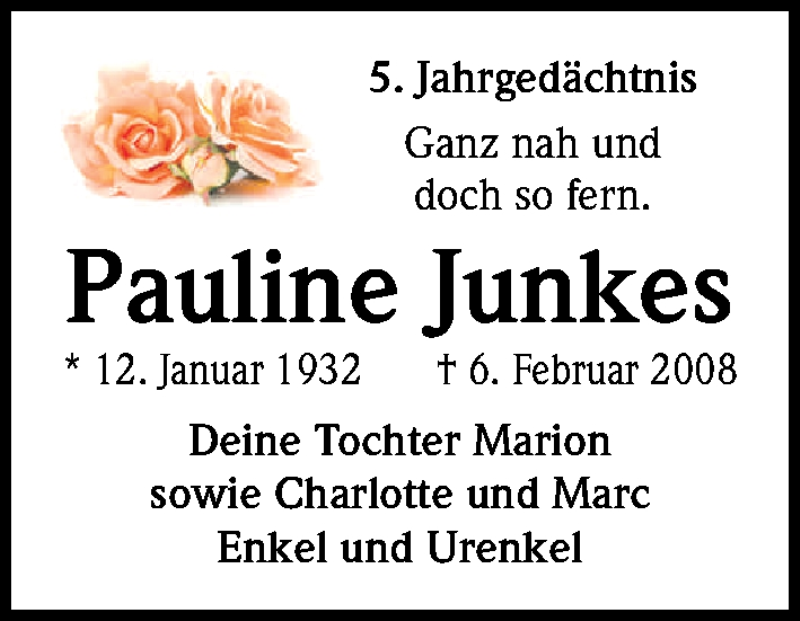  Traueranzeige für Pauline Junkens vom 06.02.2013 aus Kölner Stadt-Anzeiger / Kölnische Rundschau / Express