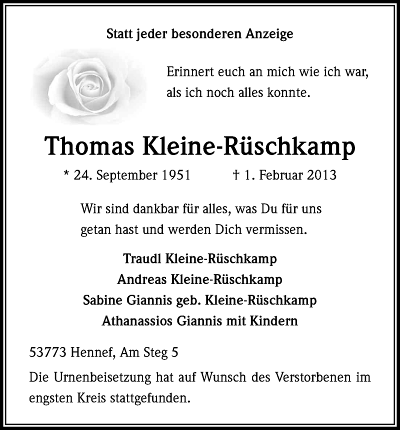  Traueranzeige für Thomas Kleine-Rüschkamp vom 16.02.2013 aus Kölner Stadt-Anzeiger / Kölnische Rundschau / Express