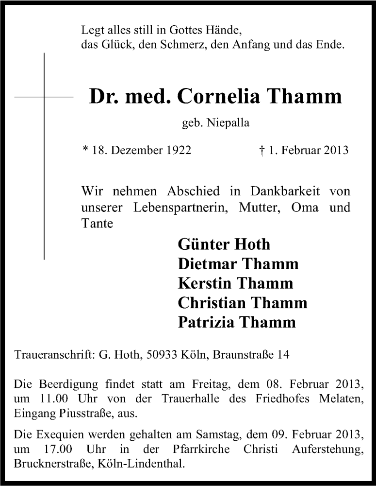  Traueranzeige für Cornelia Thamm vom 06.02.2013 aus Kölner Stadt-Anzeiger / Kölnische Rundschau / Express
