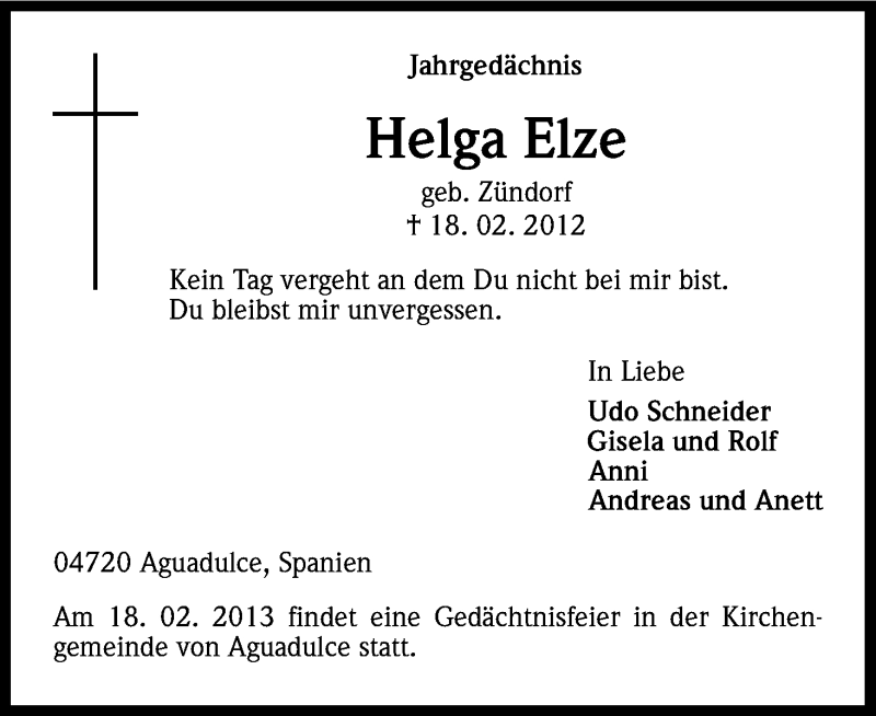  Traueranzeige für Helga Elze vom 18.02.2013 aus Kölner Stadt-Anzeiger / Kölnische Rundschau / Express
