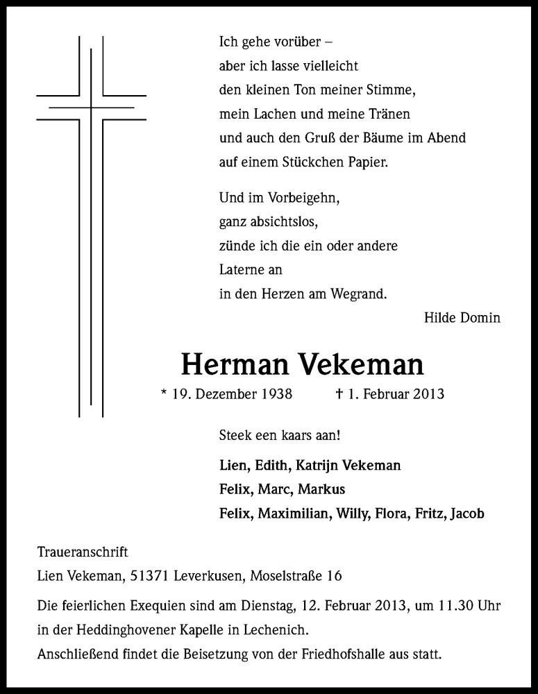  Traueranzeige für Herman Vekeman vom 06.02.2013 aus Kölner Stadt-Anzeiger / Kölnische Rundschau / Express