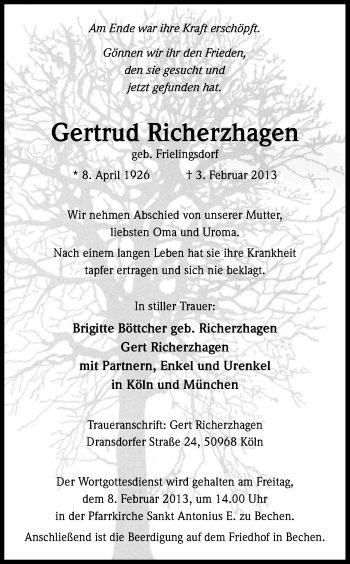 Anzeige von Gertrud Richerzhagen von Kölner Stadt-Anzeiger / Kölnische Rundschau / Express