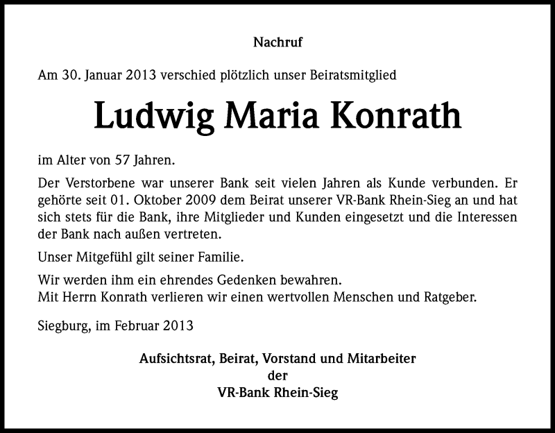  Traueranzeige für Ludwig Maria Konrath vom 05.02.2013 aus Kölner Stadt-Anzeiger / Kölnische Rundschau / Express