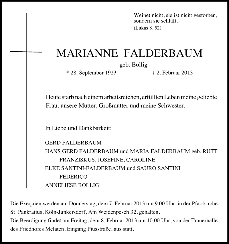  Traueranzeige für Marianne Falderbaum vom 06.02.2013 aus Kölner Stadt-Anzeiger / Kölnische Rundschau / Express