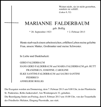 Anzeige von Marianne Falderbaum von Kölner Stadt-Anzeiger / Kölnische Rundschau / Express