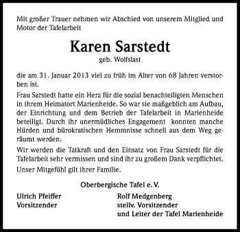 Anzeige von Karen Sarstedt von Kölner Stadt-Anzeiger / Kölnische Rundschau / Express