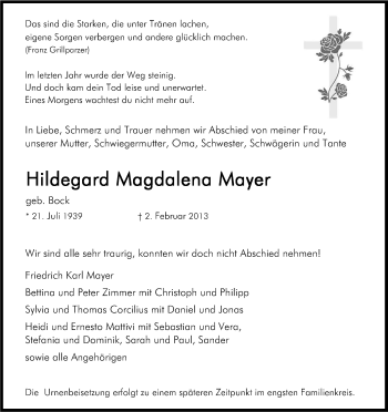 Anzeige von Hildegard Magdalena Mayer von Kölner Stadt-Anzeiger / Kölnische Rundschau / Express