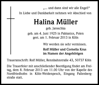 Anzeige von Halina Müller von Kölner Stadt-Anzeiger / Kölnische Rundschau / Express