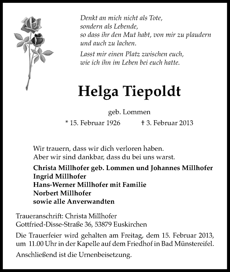  Traueranzeige für Helga Tiepoldt vom 07.02.2013 aus Kölner Stadt-Anzeiger / Kölnische Rundschau / Express