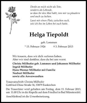 Anzeige von Helga Tiepoldt von Kölner Stadt-Anzeiger / Kölnische Rundschau / Express