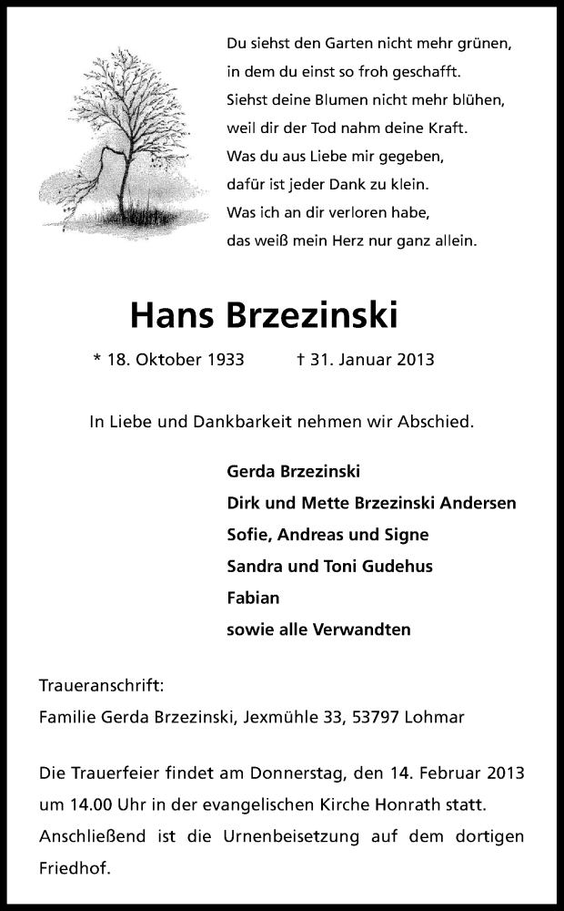  Traueranzeige für Hans Brzezinski vom 06.02.2013 aus Kölner Stadt-Anzeiger / Kölnische Rundschau / Express
