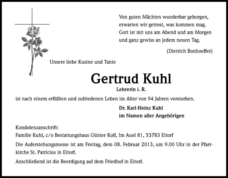  Traueranzeige für Gertrud Kuhl vom 06.02.2013 aus Kölner Stadt-Anzeiger / Kölnische Rundschau / Express