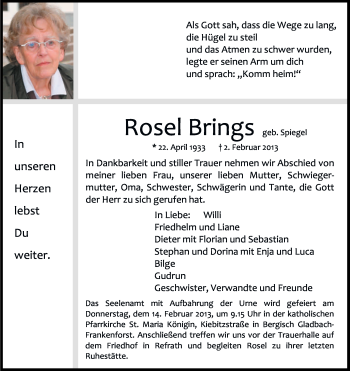 Anzeige von Rosel Brings von Kölner Stadt-Anzeiger / Kölnische Rundschau / Express