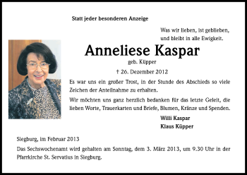 Anzeige von Anneliese Kaspar von Kölner Stadt-Anzeiger / Kölnische Rundschau / Express
