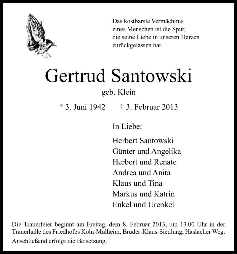  Traueranzeige für Gertrud Santowski vom 06.02.2013 aus Kölner Stadt-Anzeiger / Kölnische Rundschau / Express