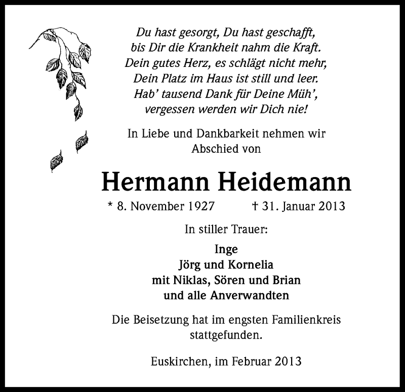  Traueranzeige für Hermann Heidemann vom 09.02.2013 aus Kölner Stadt-Anzeiger / Kölnische Rundschau / Express