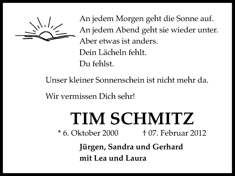  Traueranzeige für Tim Schmitz vom 07.02.2013 aus Kölner Stadt-Anzeiger / Kölnische Rundschau / Express