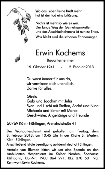 Anzeige von Erwin Kochemns von Kölner Stadt-Anzeiger / Kölnische Rundschau / Express