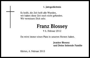Anzeige von Franz Blossey von Kölner Stadt-Anzeiger / Kölnische Rundschau / Express