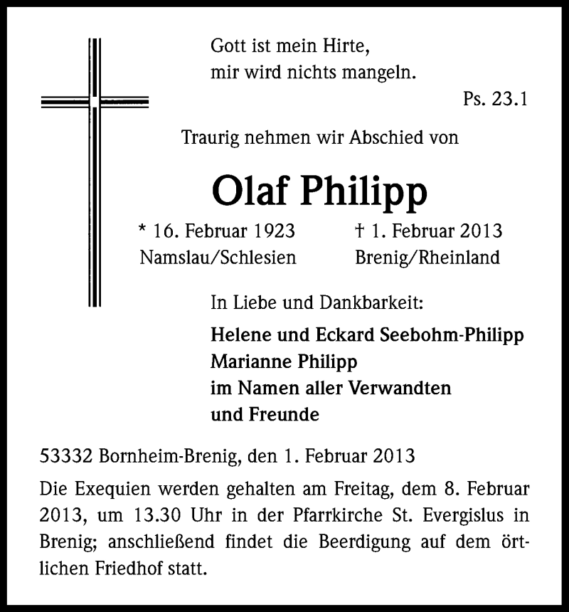  Traueranzeige für Olaf Philipp vom 06.02.2013 aus Kölner Stadt-Anzeiger / Kölnische Rundschau / Express