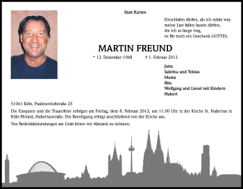 Anzeige von Martin Freund von Kölner Stadt-Anzeiger / Kölnische Rundschau / Express