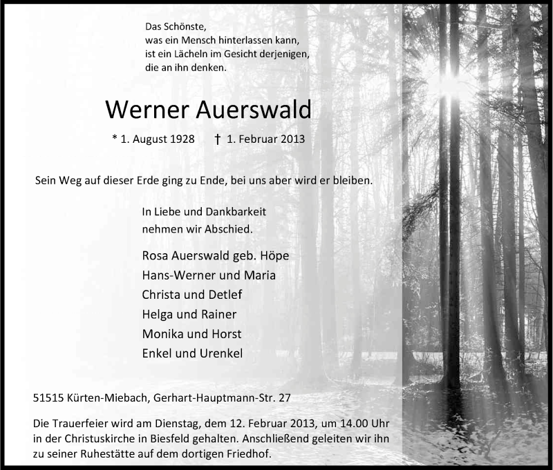  Traueranzeige für Werner Auerswald vom 06.02.2013 aus Kölner Stadt-Anzeiger / Kölnische Rundschau / Express