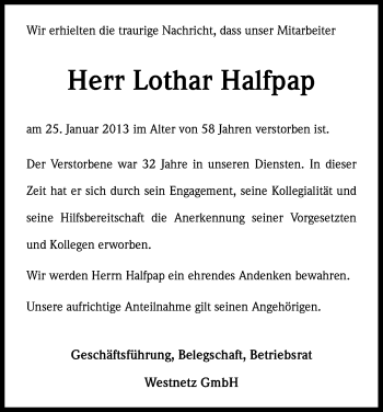 Anzeige von Lothar Halfpap von Kölner Stadt-Anzeiger / Kölnische Rundschau / Express