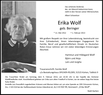Anzeige von Erika Wolf von Kölner Stadt-Anzeiger / Kölnische Rundschau / Express
