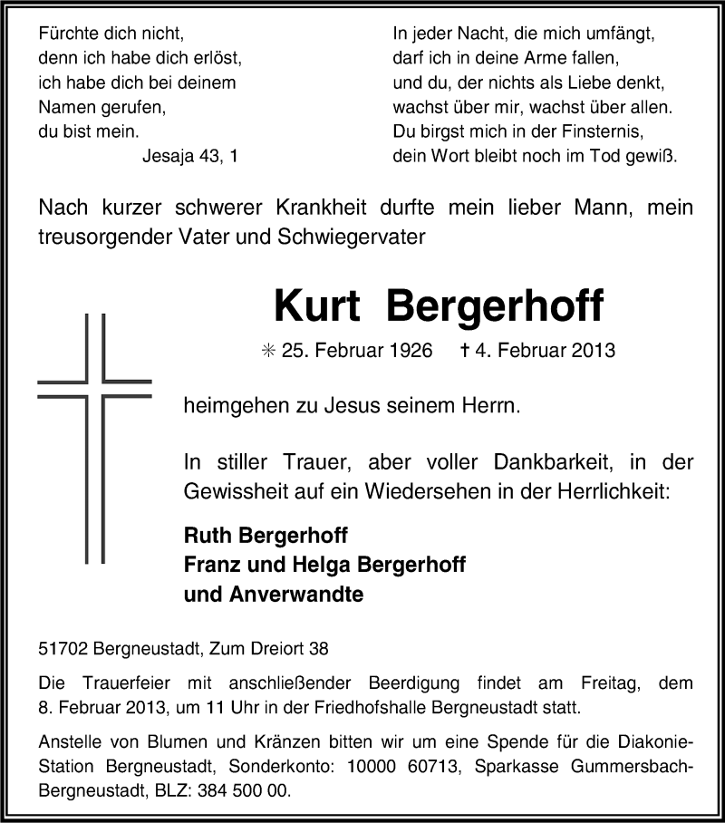  Traueranzeige für Kurt Bergerhoff vom 06.02.2013 aus Kölner Stadt-Anzeiger / Kölnische Rundschau / Express
