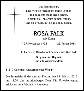 Anzeige von Rosa Falk von Kölner Stadt-Anzeiger / Kölnische Rundschau / Express