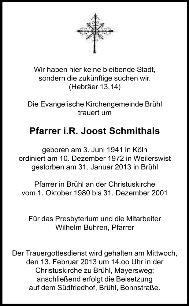  Traueranzeige für Joost Schmithals vom 06.02.2013 aus Kölner Stadt-Anzeiger / Kölnische Rundschau / Express