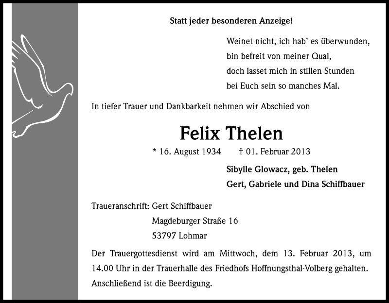  Traueranzeige für Felix Thelen vom 09.02.2013 aus Kölner Stadt-Anzeiger / Kölnische Rundschau / Express