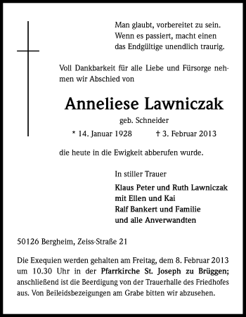 Anzeige von Anneliese Lawniczak von Kölner Stadt-Anzeiger / Kölnische Rundschau / Express