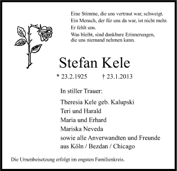 Anzeige von Stefan Kele von Kölner Stadt-Anzeiger / Kölnische Rundschau / Express