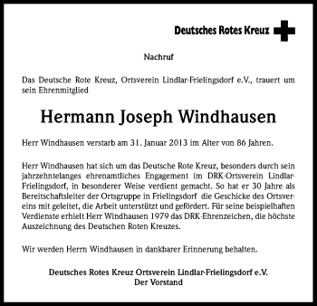 Anzeige von Hermann Joseph Windhausen von Kölner Stadt-Anzeiger / Kölnische Rundschau / Express