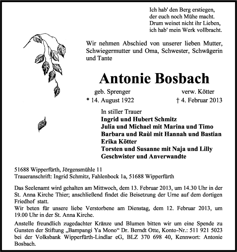  Traueranzeige für Antonie Bosbach vom 06.02.2013 aus Kölner Stadt-Anzeiger / Kölnische Rundschau / Express