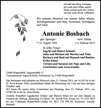 Anzeige von Antonie Bosbach von Kölner Stadt-Anzeiger / Kölnische Rundschau / Express