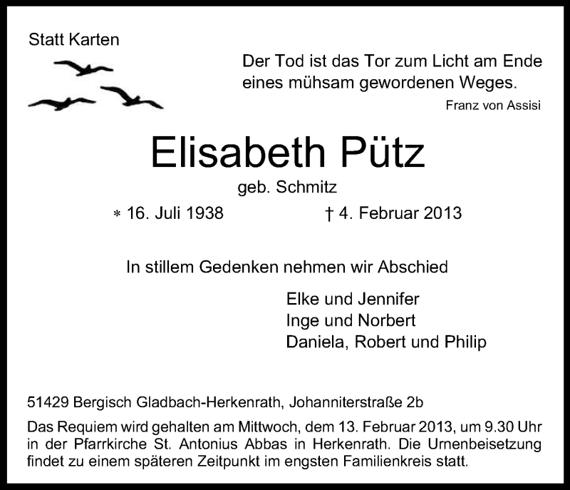  Traueranzeige für Elisabeth Pütz vom 06.02.2013 aus Kölner Stadt-Anzeiger / Kölnische Rundschau / Express