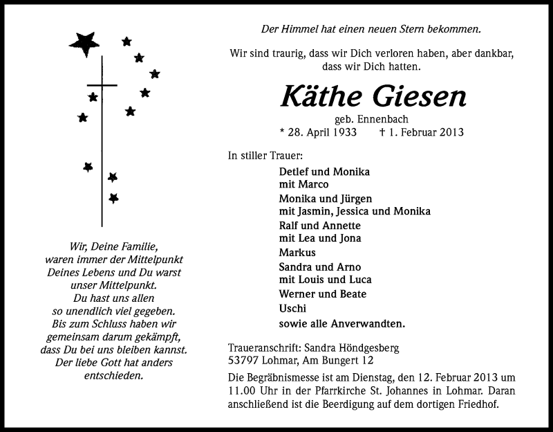  Traueranzeige für Käthe Giesen vom 06.02.2013 aus Kölner Stadt-Anzeiger / Kölnische Rundschau / Express