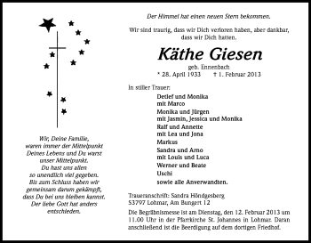 Anzeige von Käthe Giesen von Kölner Stadt-Anzeiger / Kölnische Rundschau / Express