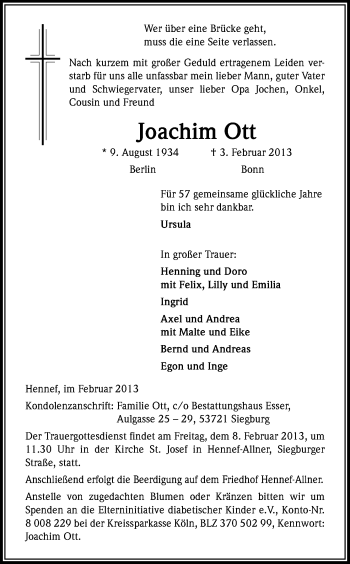 Anzeige von Joachim Ott von Kölner Stadt-Anzeiger / Kölnische Rundschau / Express
