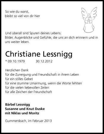 Anzeige von Christiane Lessnigg von Kölner Stadt-Anzeiger / Kölnische Rundschau / Express