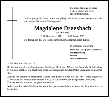 Anzeige von Magdalene Dreesbach von Kölner Stadt-Anzeiger / Kölnische Rundschau / Express