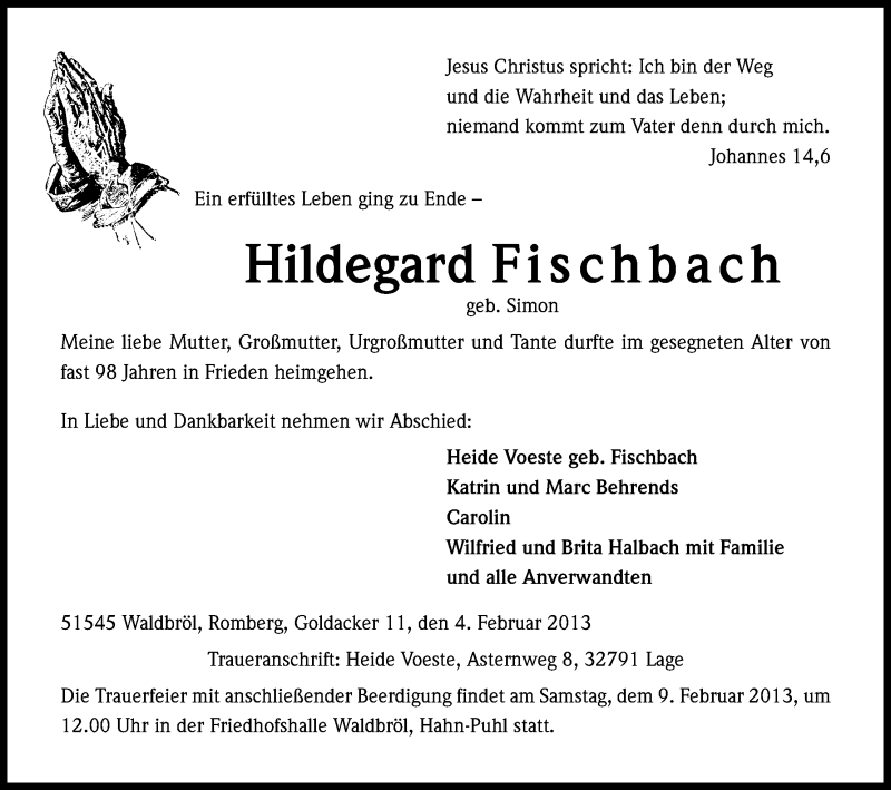  Traueranzeige für Hildegard Fischbach vom 06.02.2013 aus Kölner Stadt-Anzeiger / Kölnische Rundschau / Express