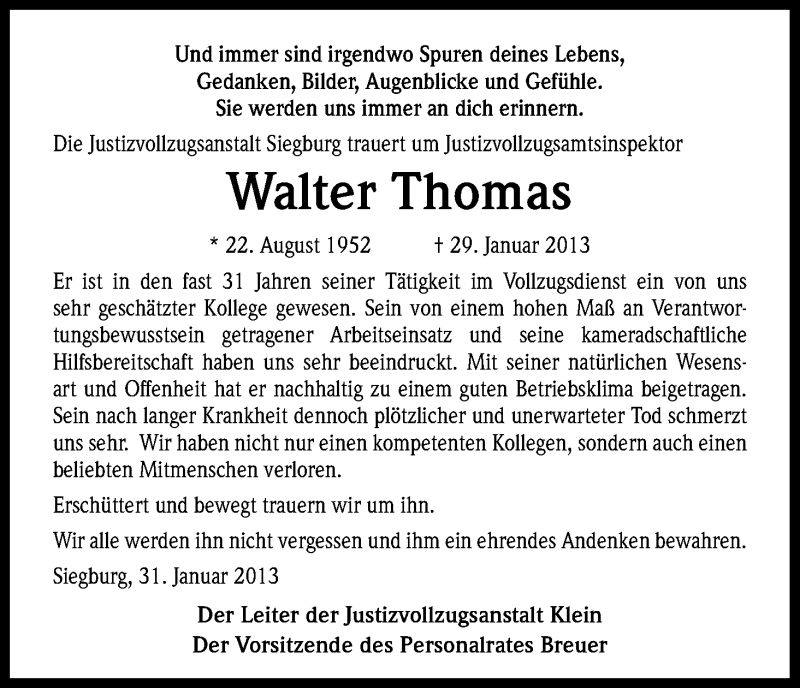  Traueranzeige für Walter Thomas vom 06.02.2013 aus Kölner Stadt-Anzeiger / Kölnische Rundschau / Express